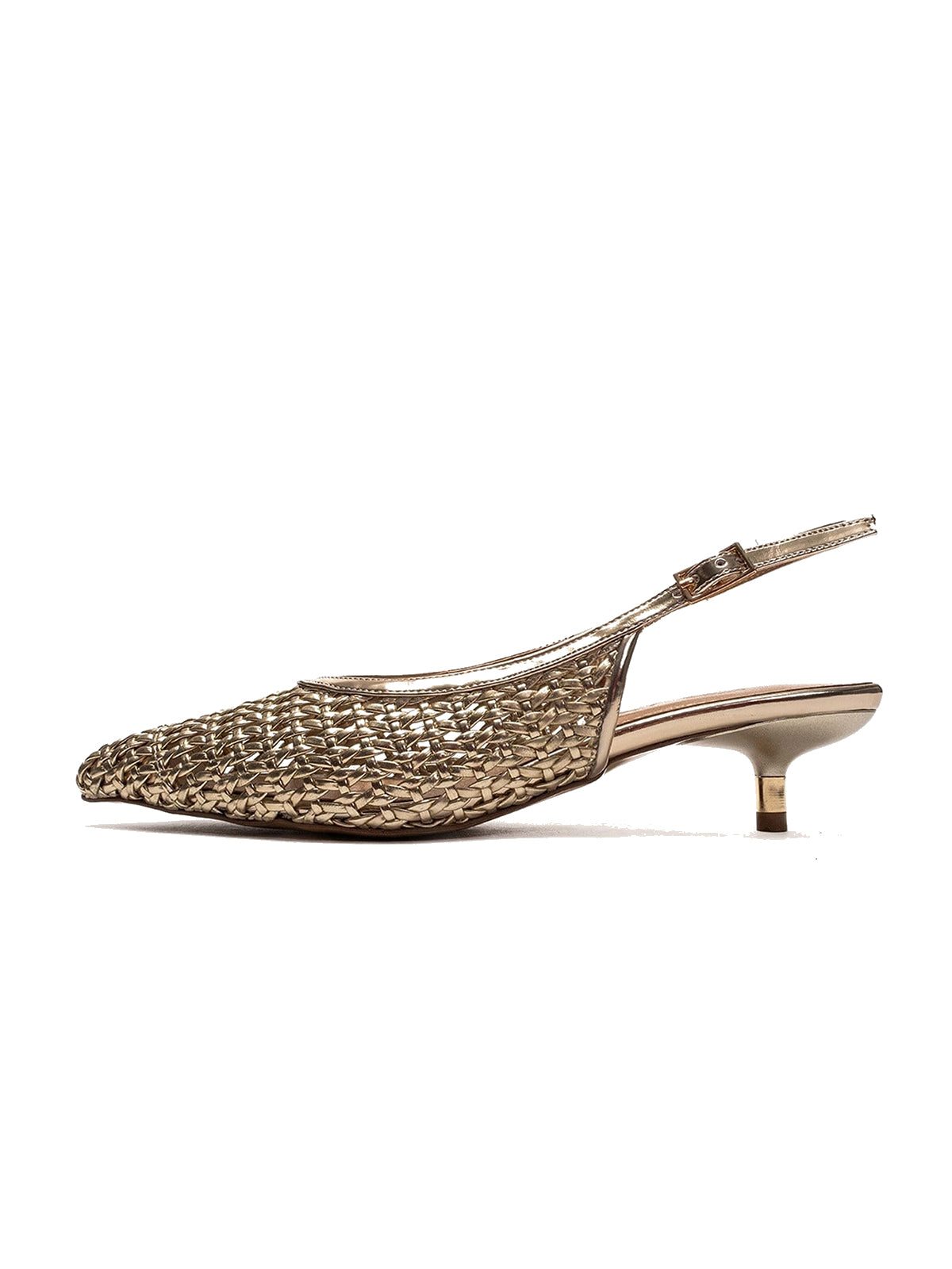 Metallic Gold Woven Vegan Leather Pointed-Toe Classic Back Strap Pumps Kitten Heels