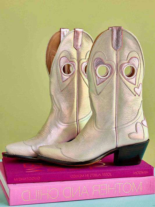 Metallic Light Pink Snip-Toe Colorful Heart Applique Cutout Mid Calf Cowgirl Boots