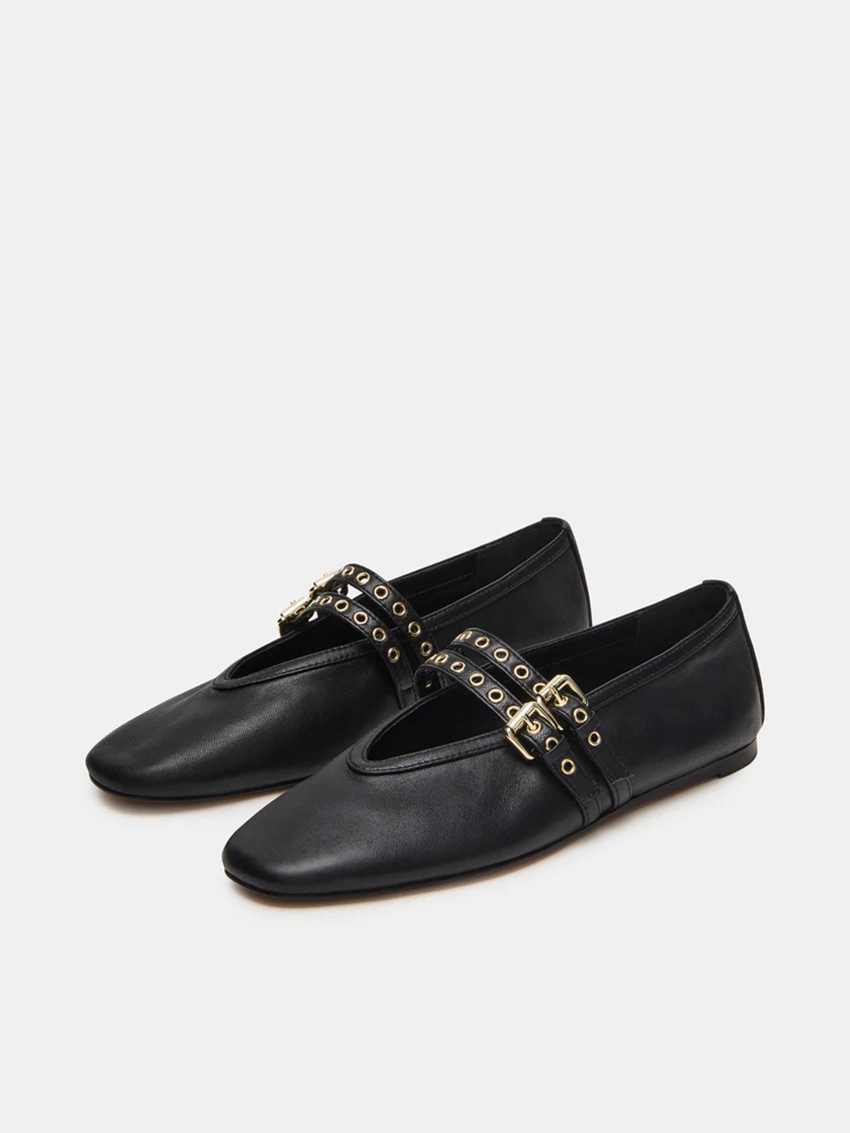 Black Square-Toe Double Bridge Straps Ballet Flats