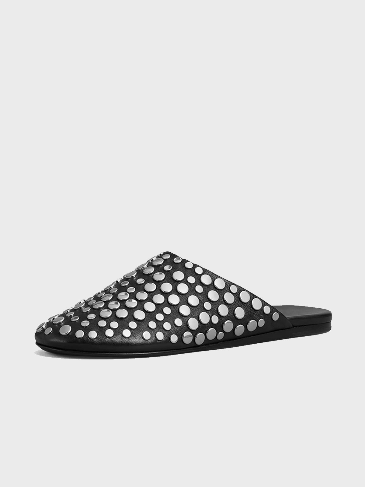 Black Round-Toe Studded Mule Flats