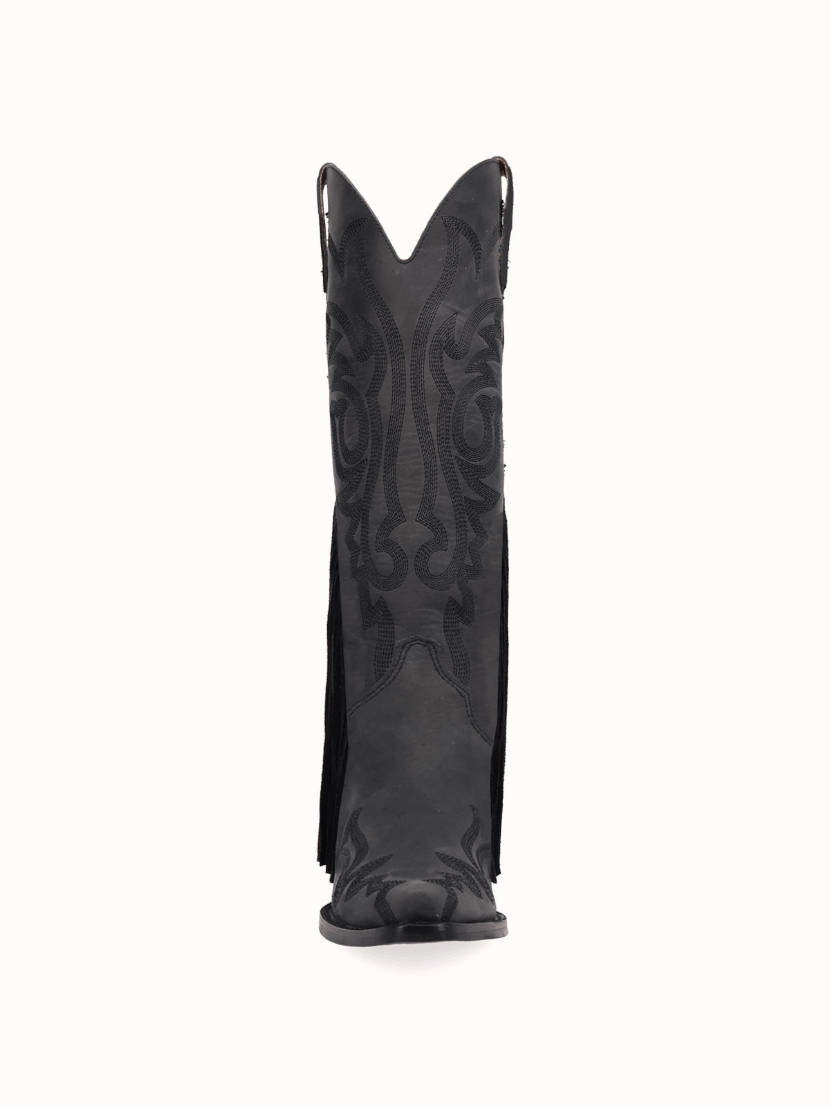 Black Snip-Toe Faux Suede Side Fringe Embroidery Wide Calf Knee High Cowgirl Boots