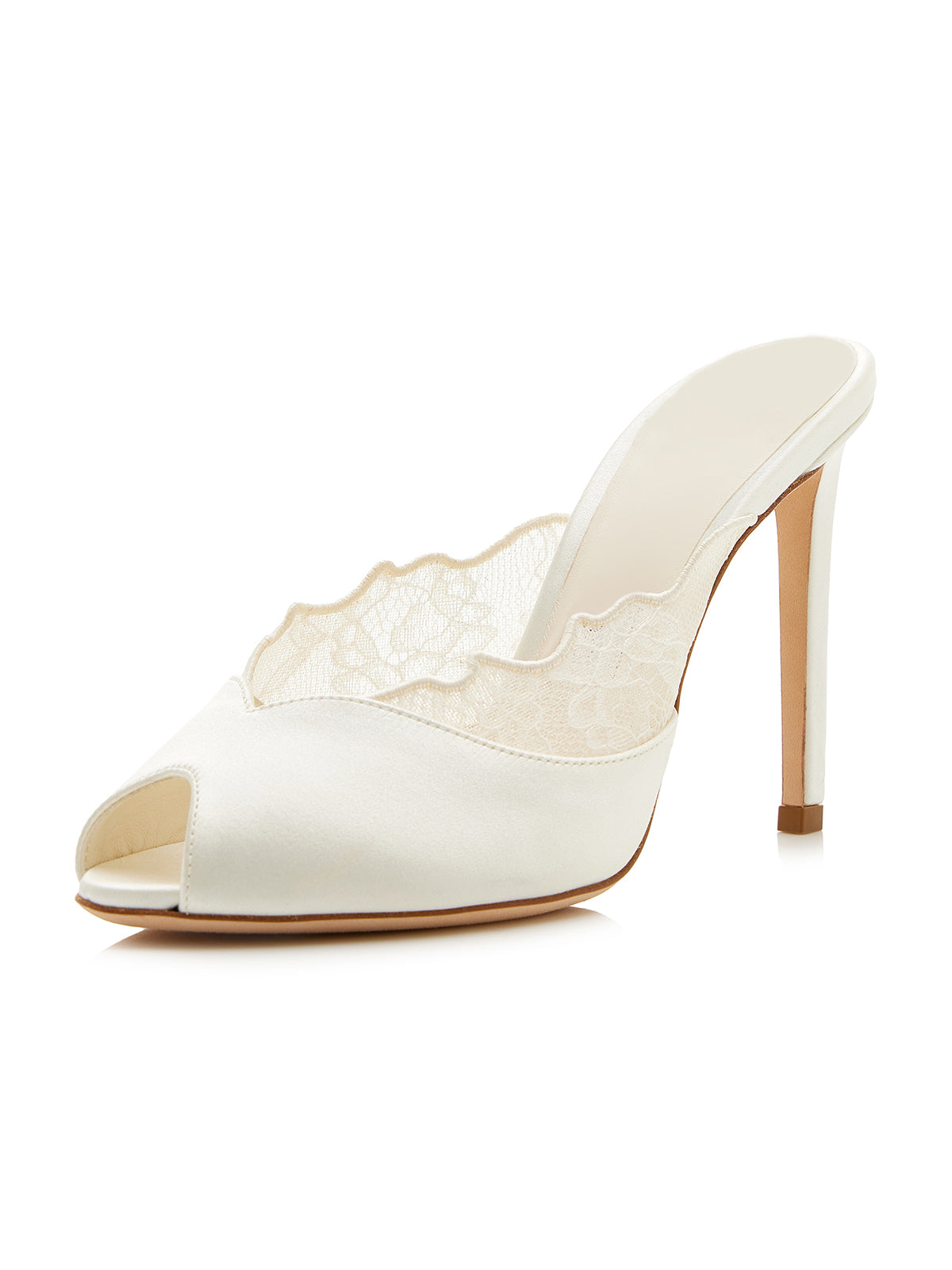Ivory Satin And Lace Mesh Peep Round-Toe Slip-On Mules High Heels