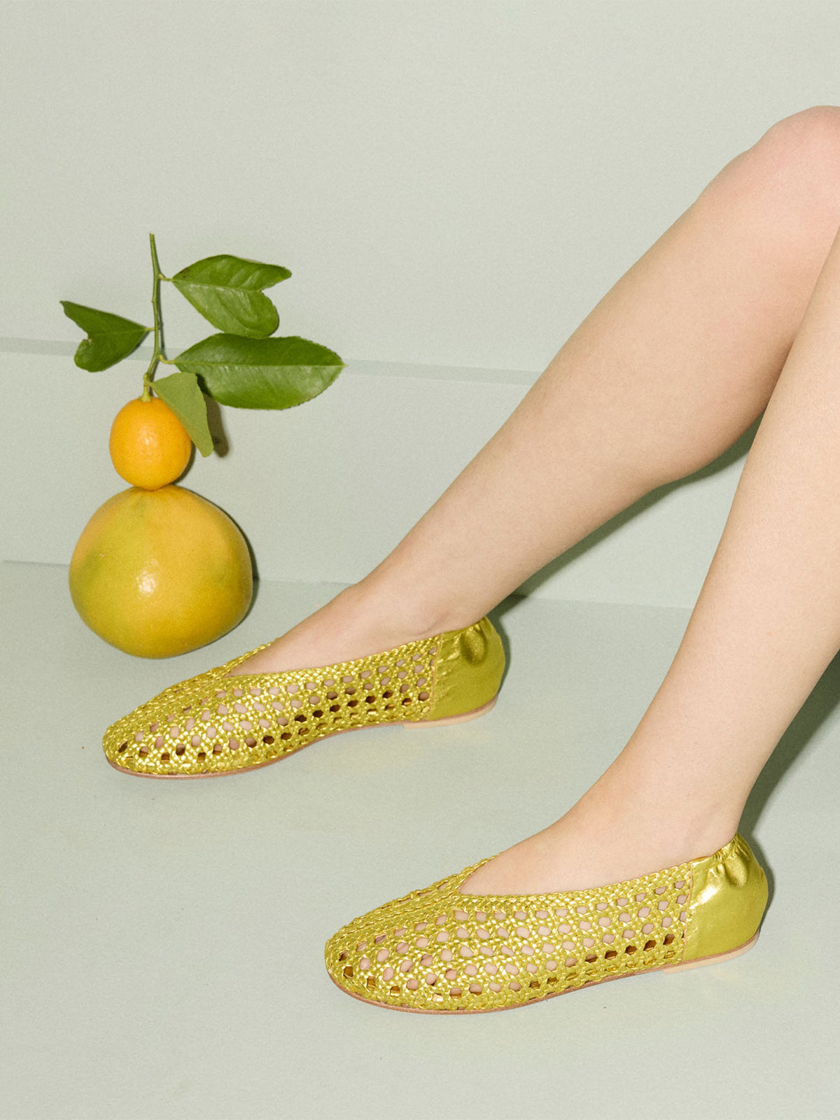 Metallic Gold Woven Vegan Leather Chic Round-Toe Slip-On Ballet Flats