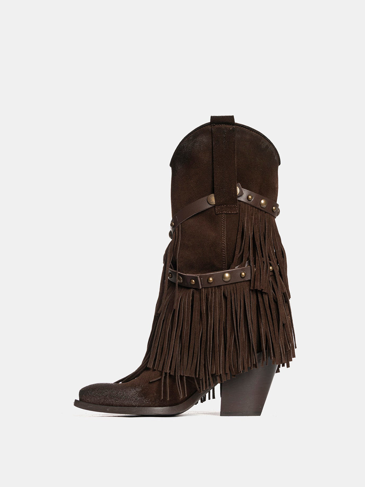 Dark Brown Faux Suede Snip-Toe Studded Straps Fringe Mid Calf Cowgirl Boots