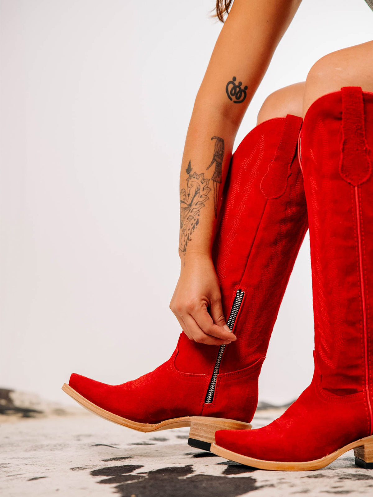 Red Faux Suede Snip-Toe Embroidery Half-Zip Classic Knee High Cowgirl Boots
