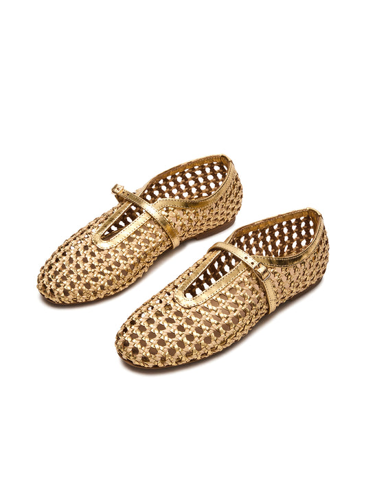 Metallic Gold Woven Round-Toe Mary Jane Flats