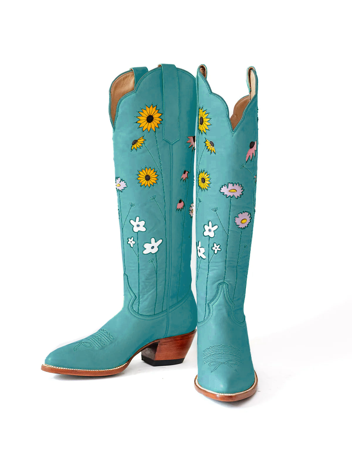 Teal Almond-Toe Colorful Flowers Inlay Wide Calf Knee High Cowgirl Boots