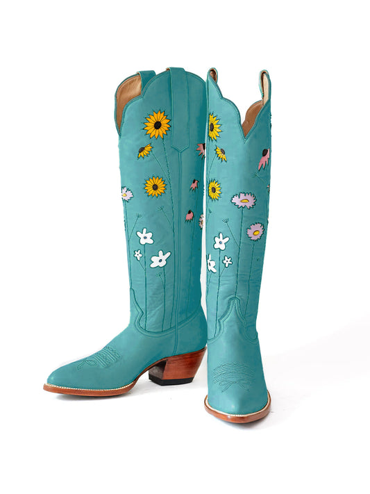 Teal Almond-Toe Colorful Flowers Inlay Wide Calf Knee High Cowgirl Boots