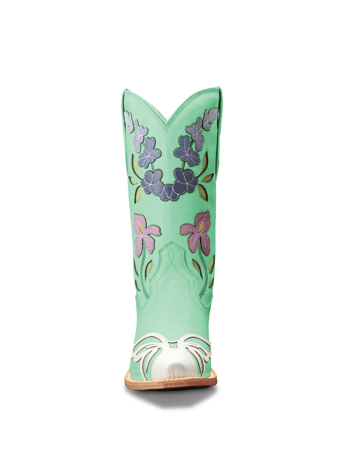 Green Snip-Toe Flower Applique Mid Calf Pull On Cowgirl Boots