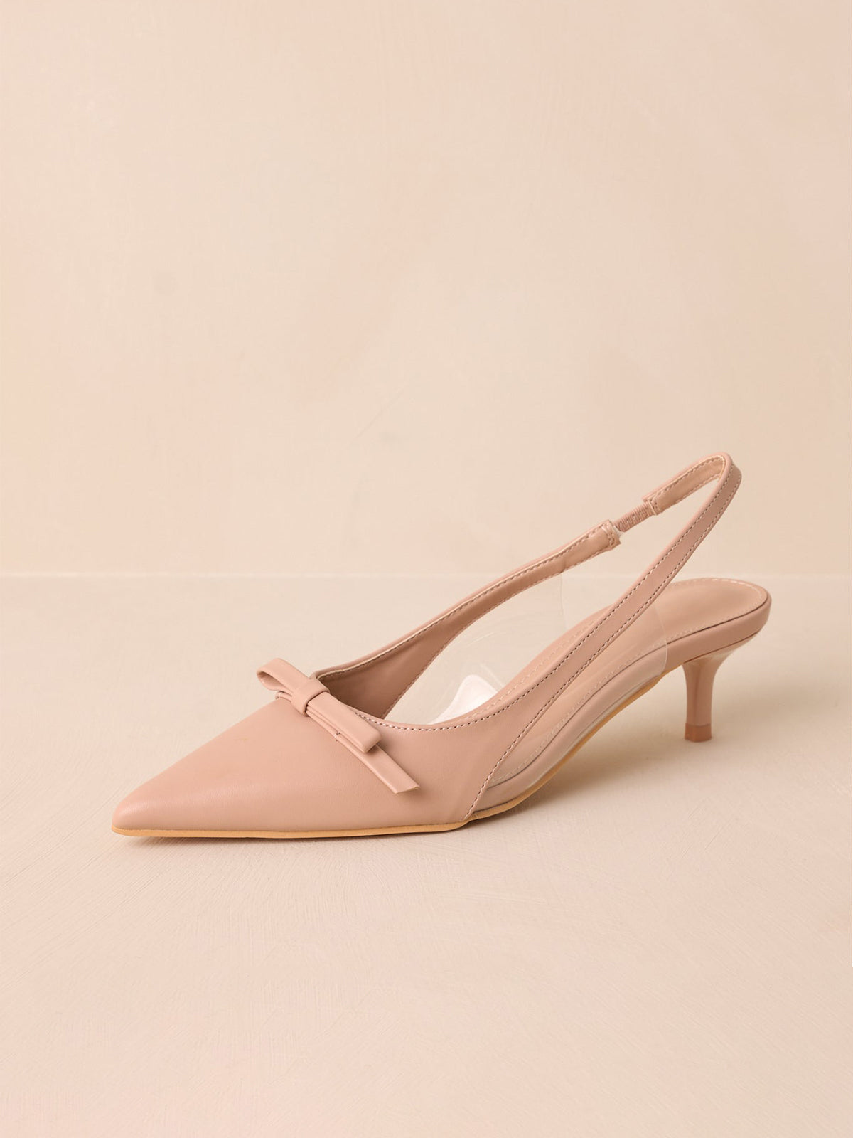 Beige Pointed-Toe Front Bow Slingback Kitten Heels With Transparent Film TPU