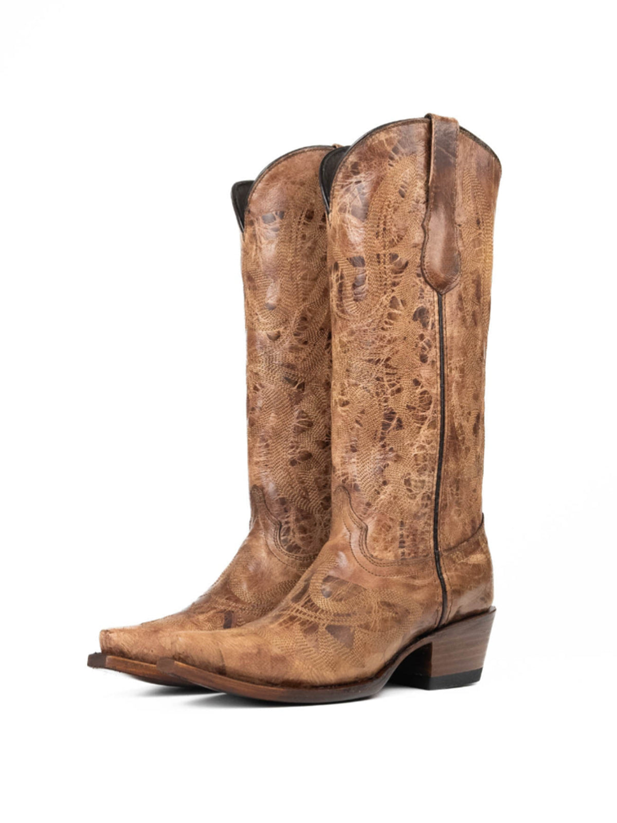 Snip-Toe Sleek Embroidery Mid Calf Cowgirl Boots For Woman - Distressed Tan