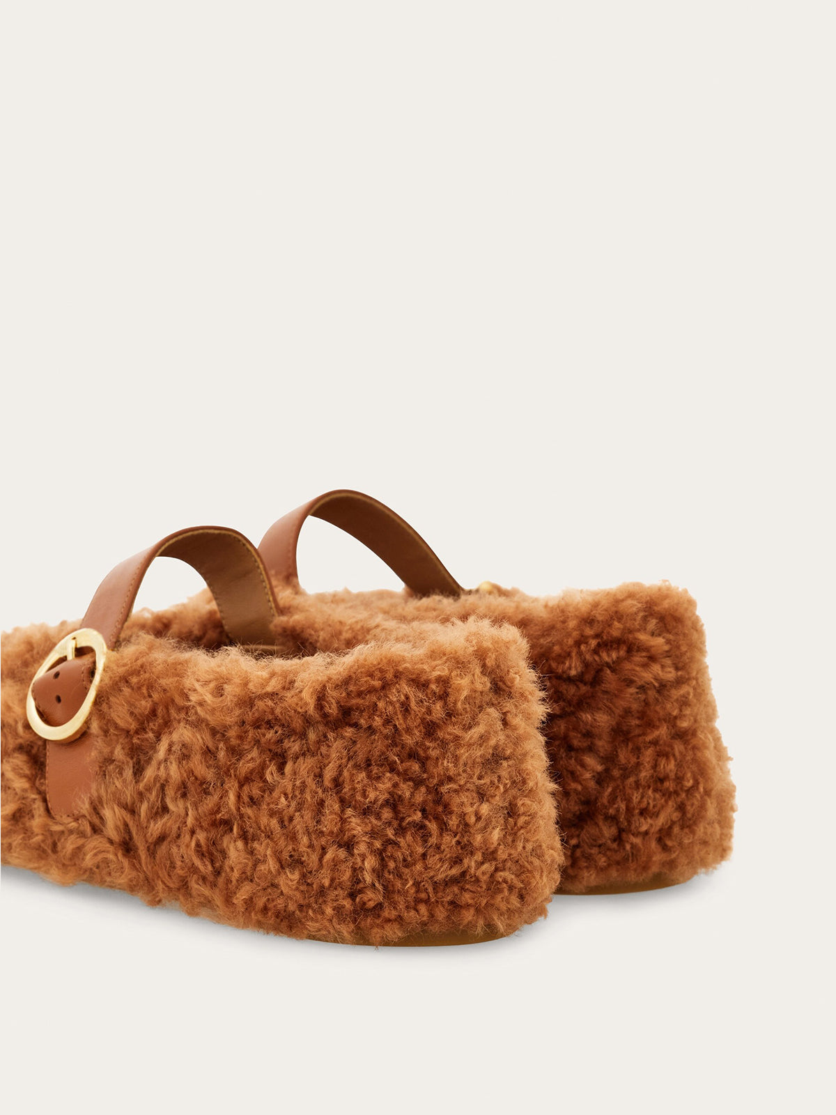 Brown Plush Square-Toe Vegan Leather Bridge Strap Ballet Flats