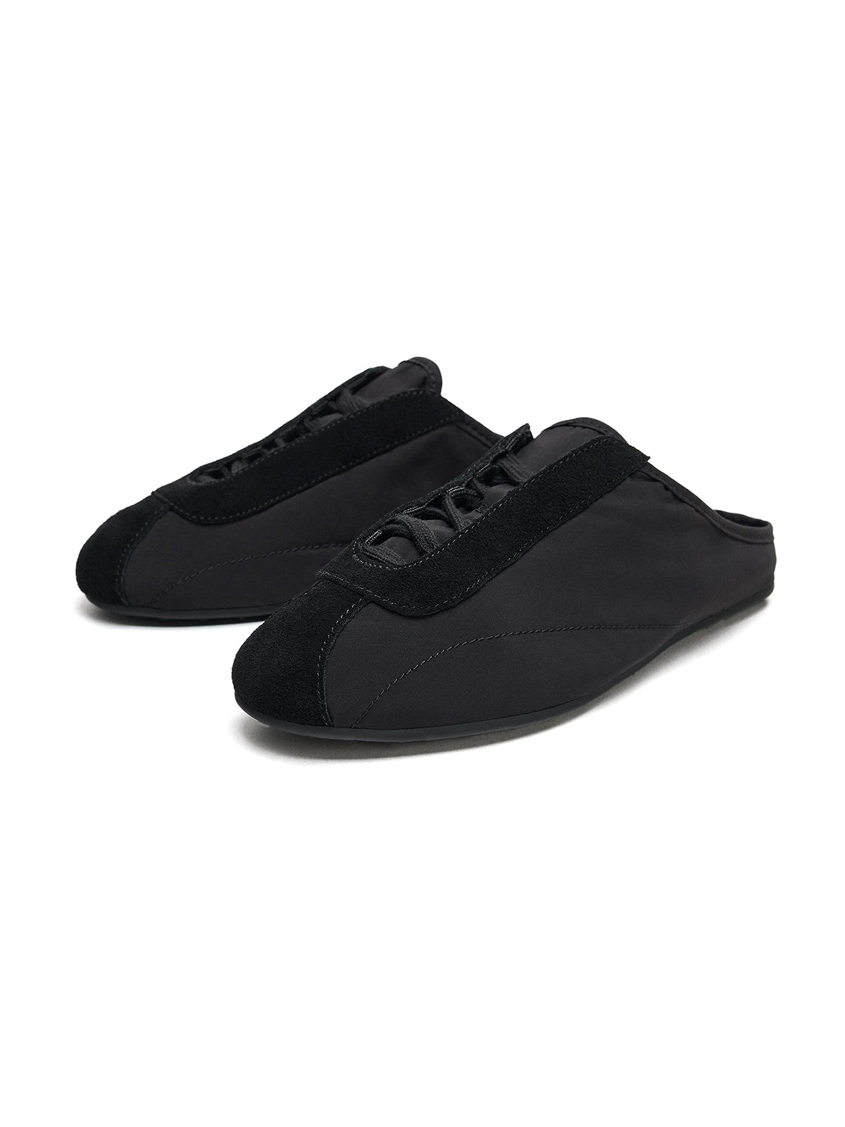 Black Cow Suede And Satin Round-Toe Lace-Up Backless Flats