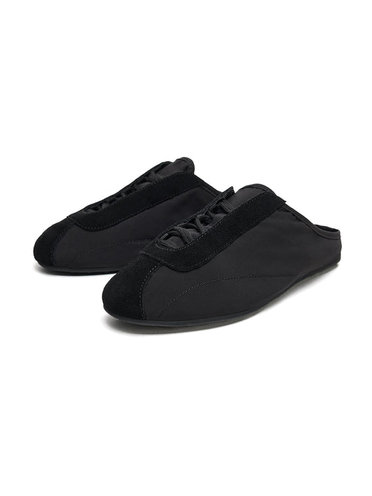 Black Cow Suede And Satin Round-Toe Lace-Up Backless Flats