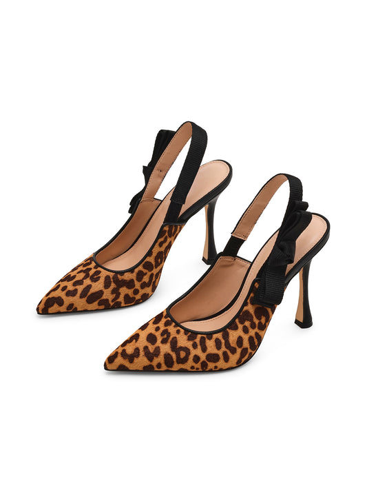 Leopard Print Pointed-Toe Slingback With Bow High Heels