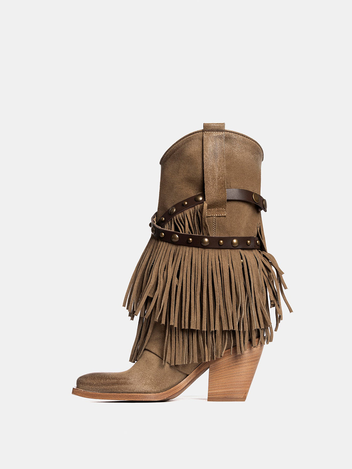 Brown Faux Suede Snip-Toe Studded Straps Fringe Mid Calf Cowgirl Boots