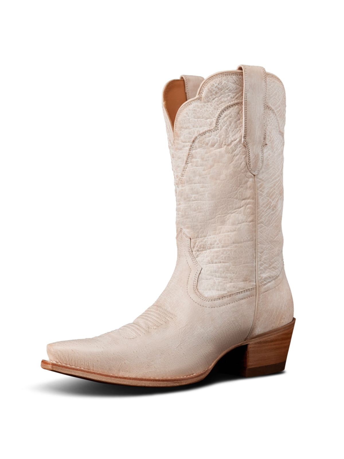 Distressed Ivory Snip-Toe Simple Mid Calf Chic Cowgirl Boots