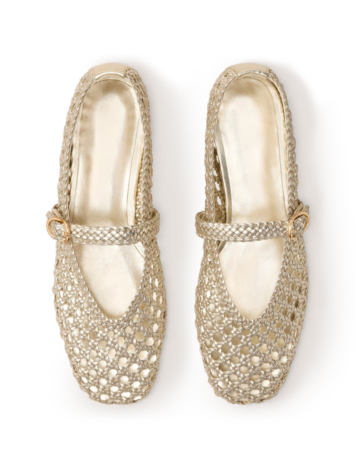 Metallic Gold Woven Vegan Leather Square-Toe Classic Buckle Bridge Strap Flats