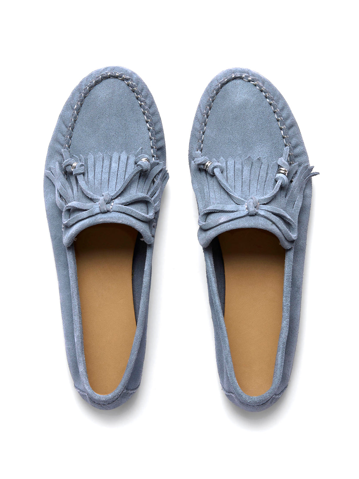 Blue Cow Suede Round-Toe Front Fringe And Bow Loafers Flats