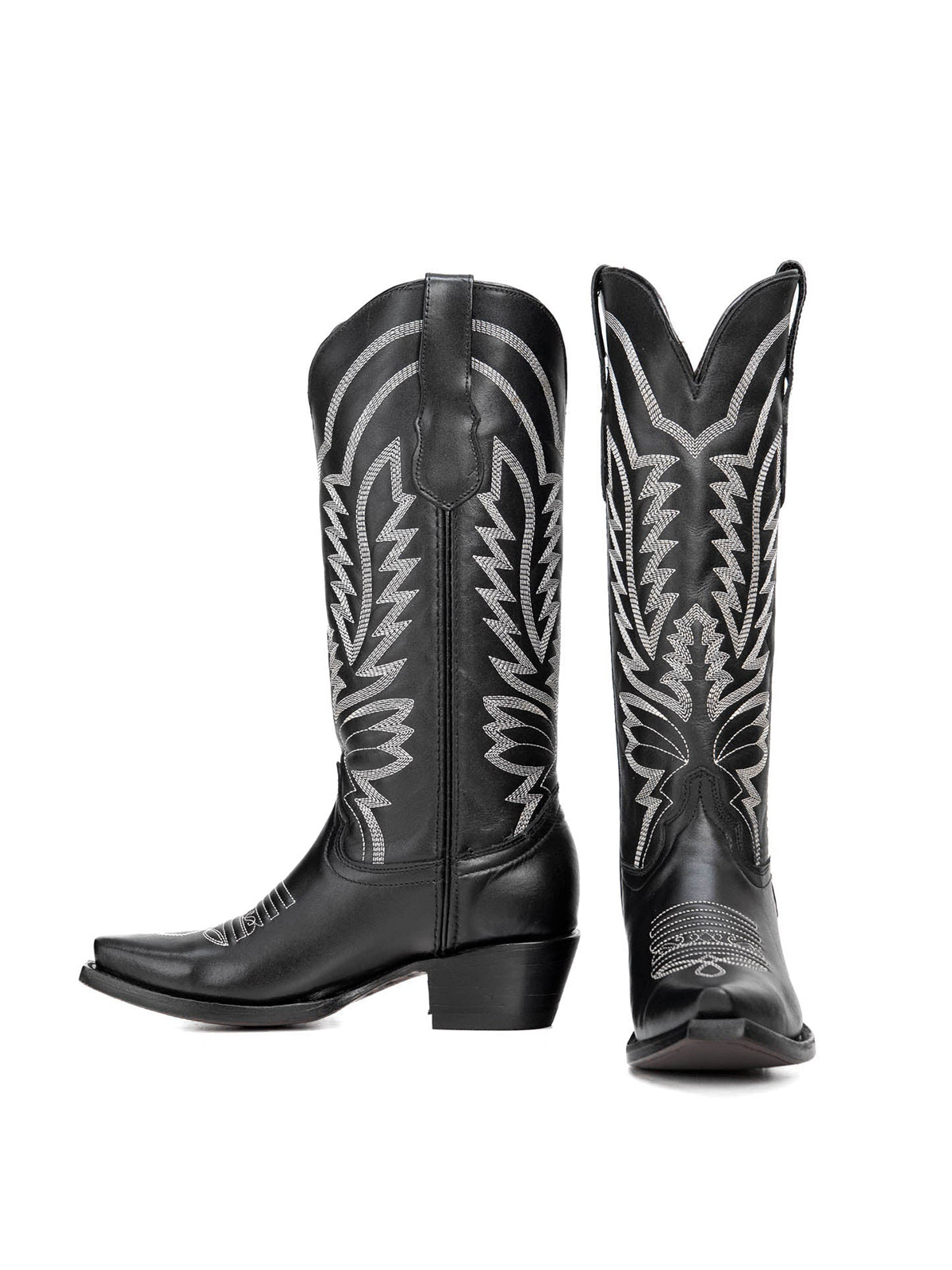Black Snip-Toe Western Classic Embroidery Mid Calf Cowgirl Boots