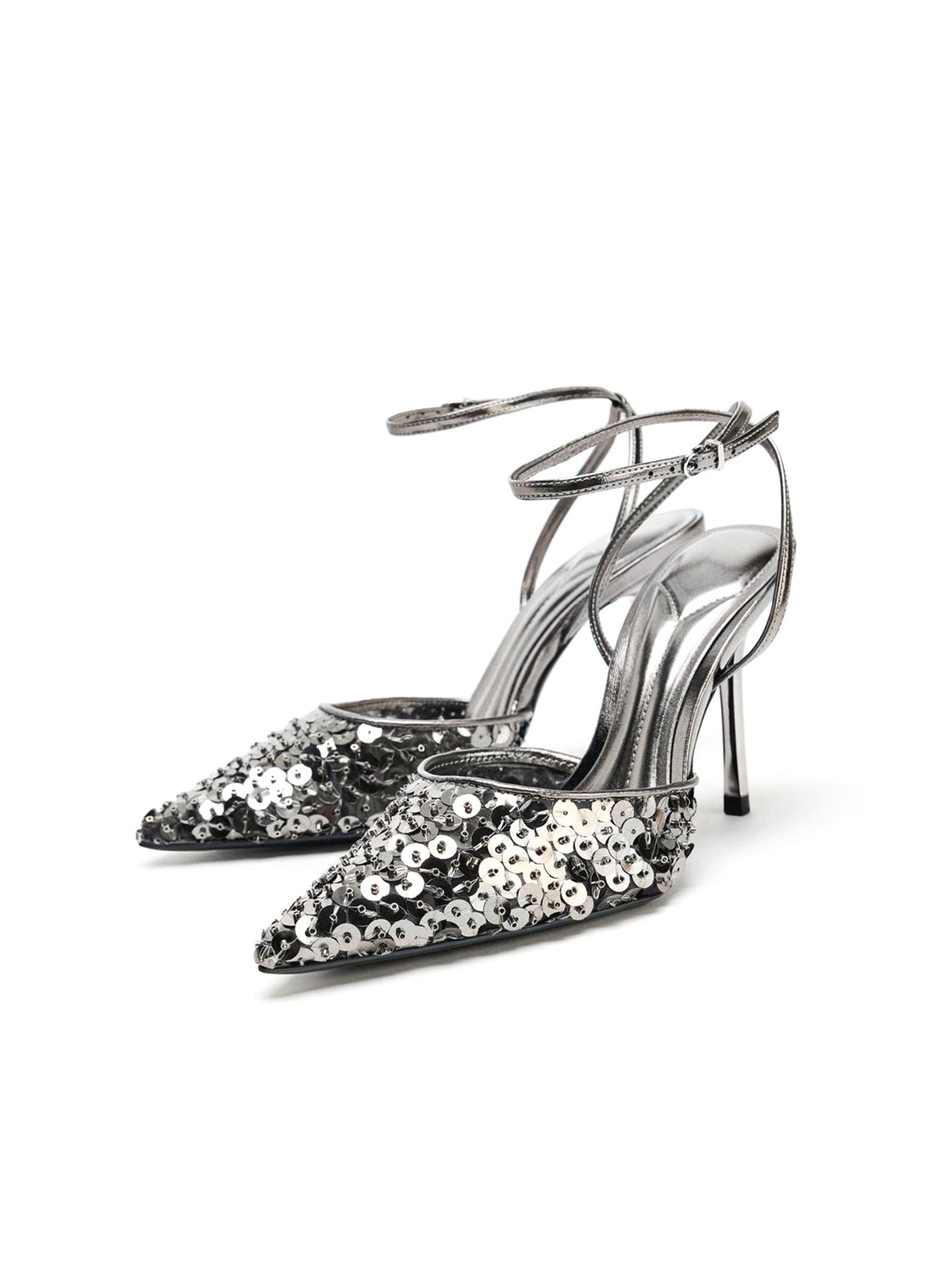 Metallic Silver Sequin Pointed-Toe Ankle Strap High Heels