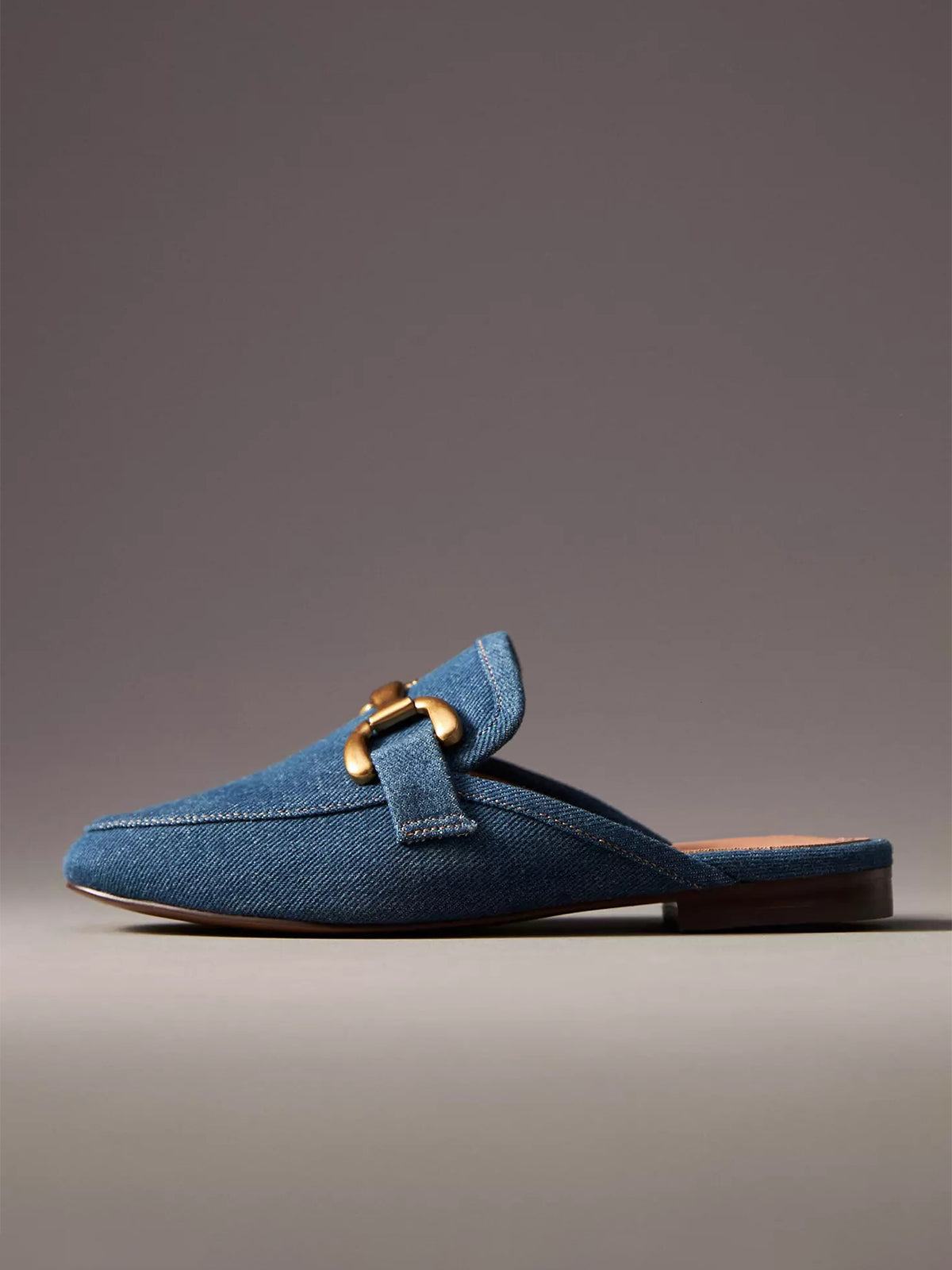 Blue Denim Square-Toe Slip-On Front Metal Detail Flats Loafers