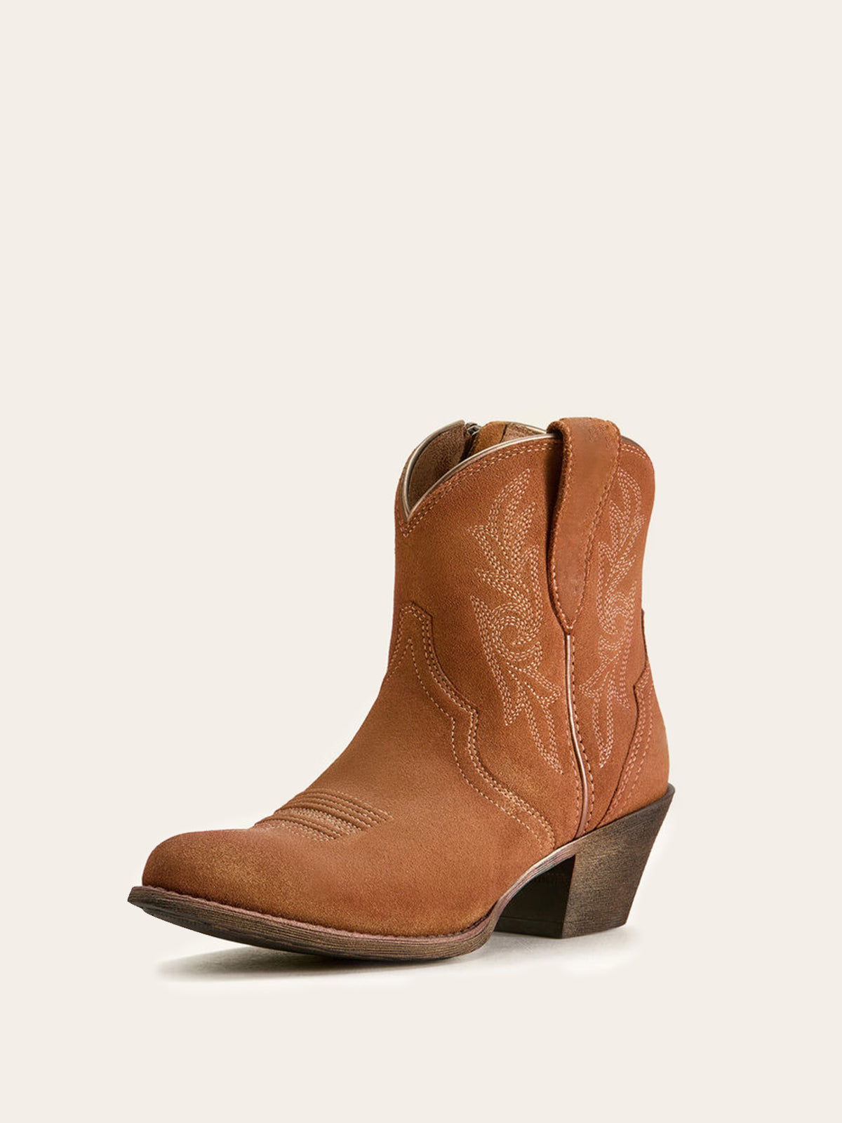 Walnut Brown Faux Suede Almond-Toe Embroidery Full-Zip Short Mid Calf Cowgirl Boots