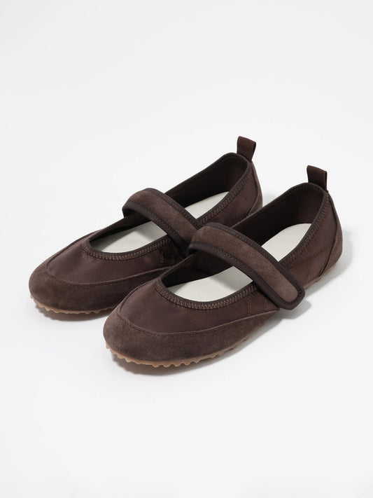 Chocolate Cow Suede And Satin Round-Toe Chic Mary Jane Strap Flats