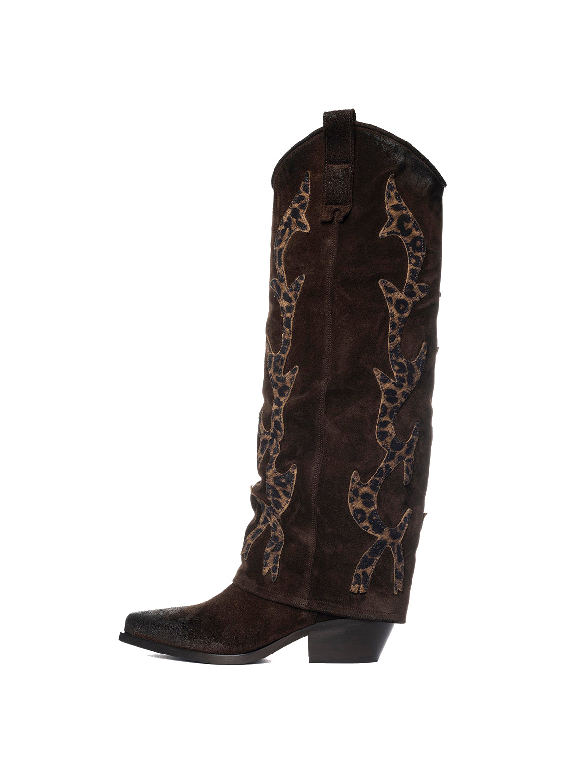Dark Brown Faux Suede Snip-Toe Leopard Applique Fold-Over Knee High Cowgirl Boots