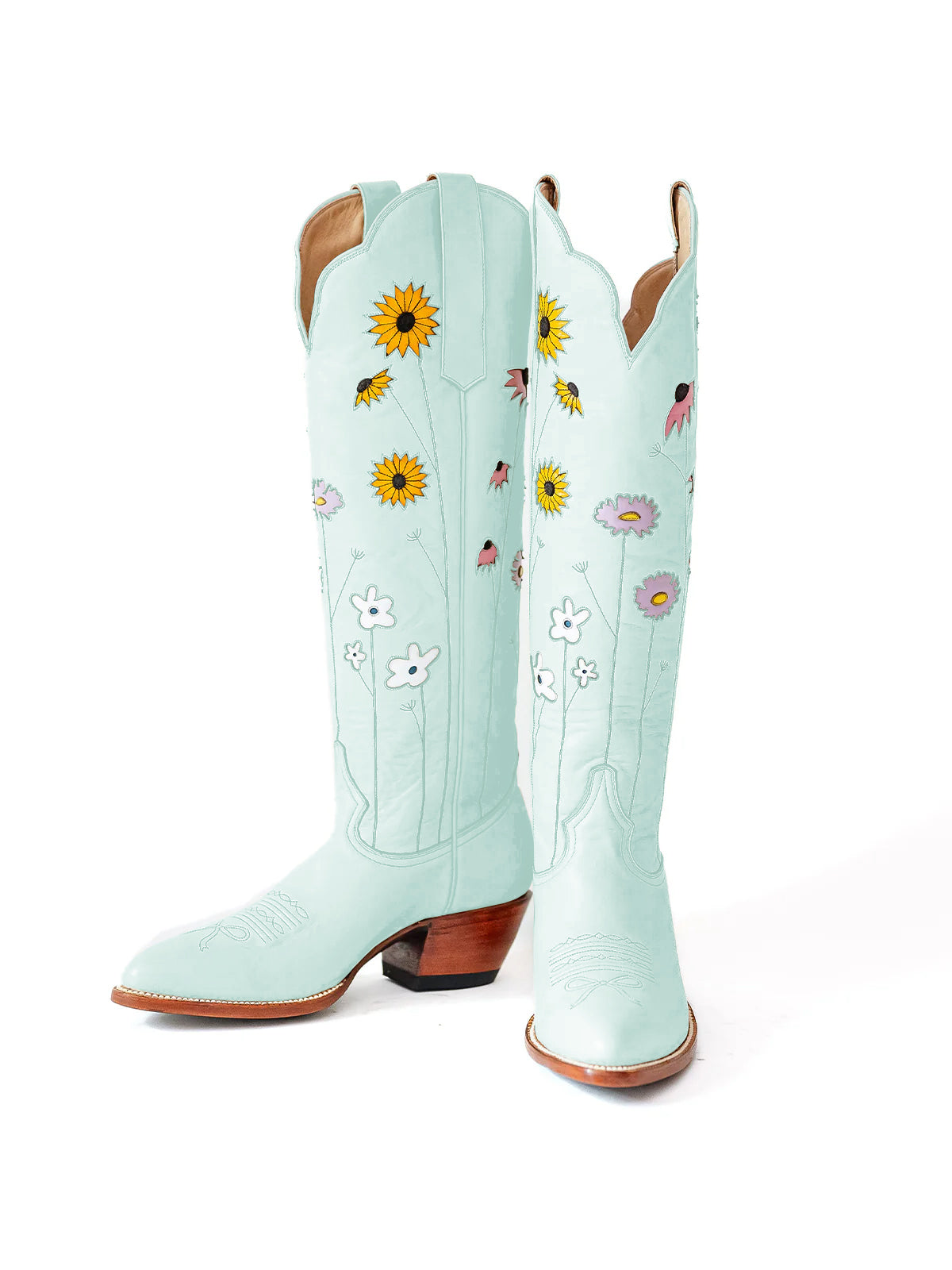 Sky Blue Almond-Toe Colorful Flowers Inlay Wide Calf Knee High Cowgirl Boots