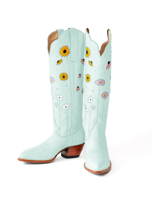 Sky Blue Almond-Toe Colorful Flowers Inlay Wide Calf Knee High Cowgirl Boots