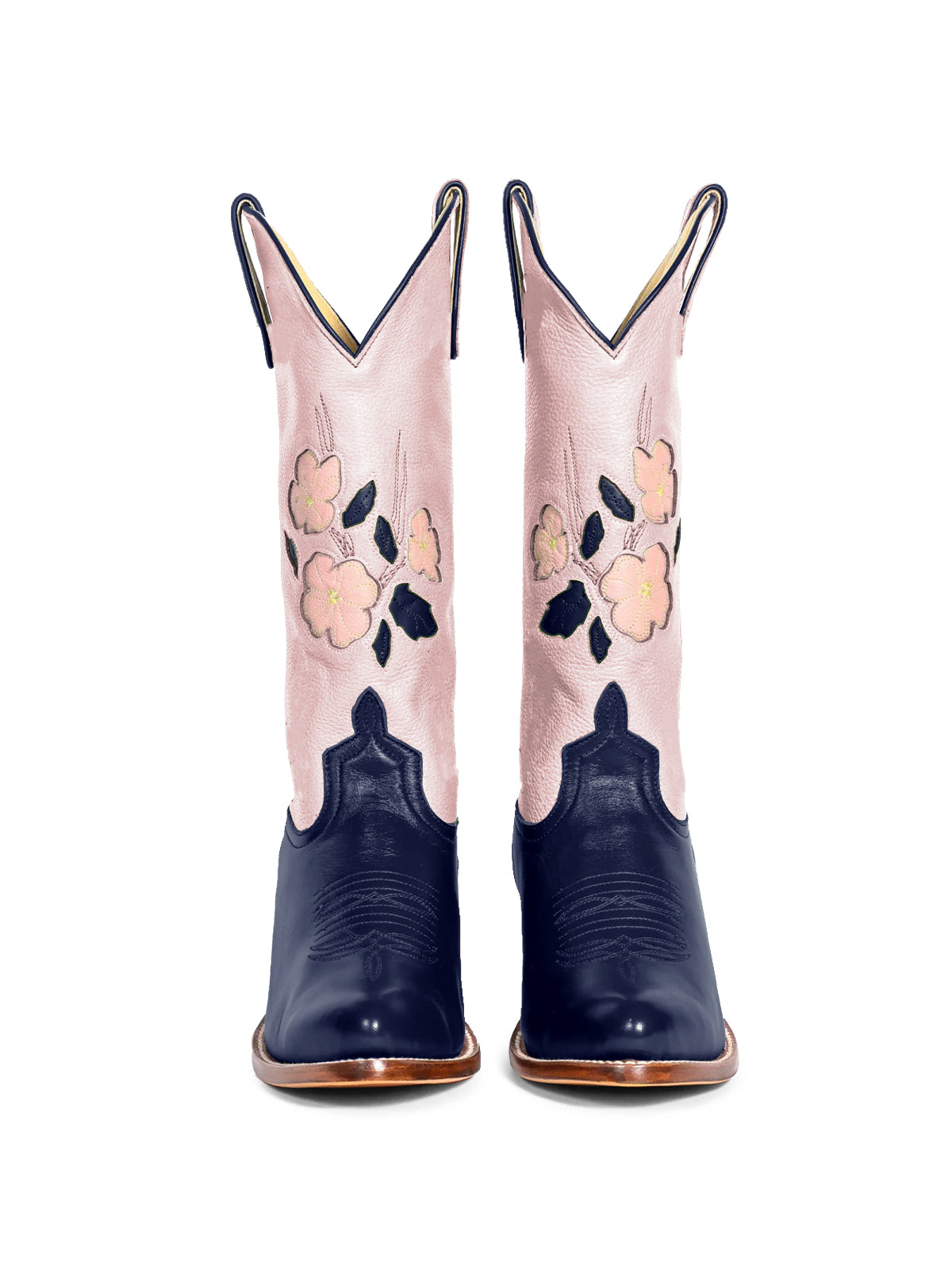 Contrast Pink And Dark Blue Almond-Toe Fresh Flower Inlay Mid Calf Cowgirl Boots