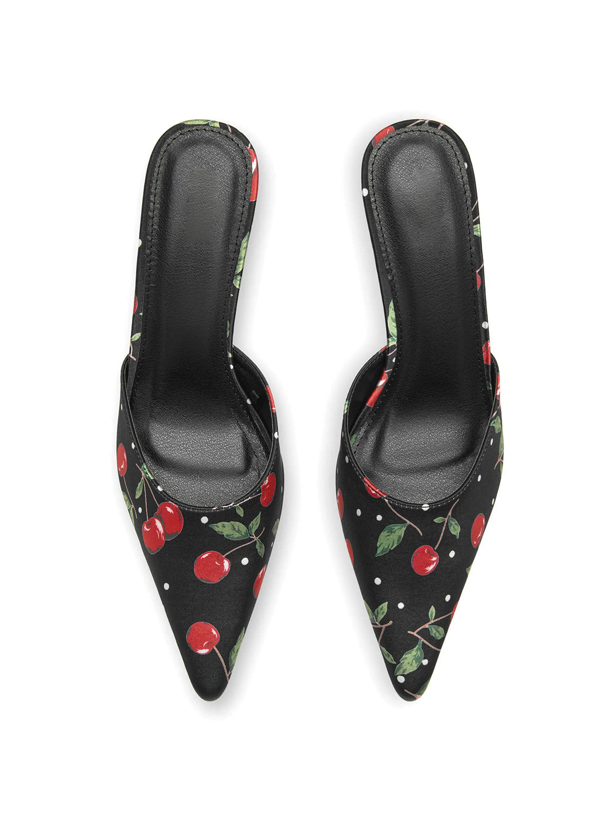 Black Satin Pointed-Toe Cherry Pattern Slip-On High Heels