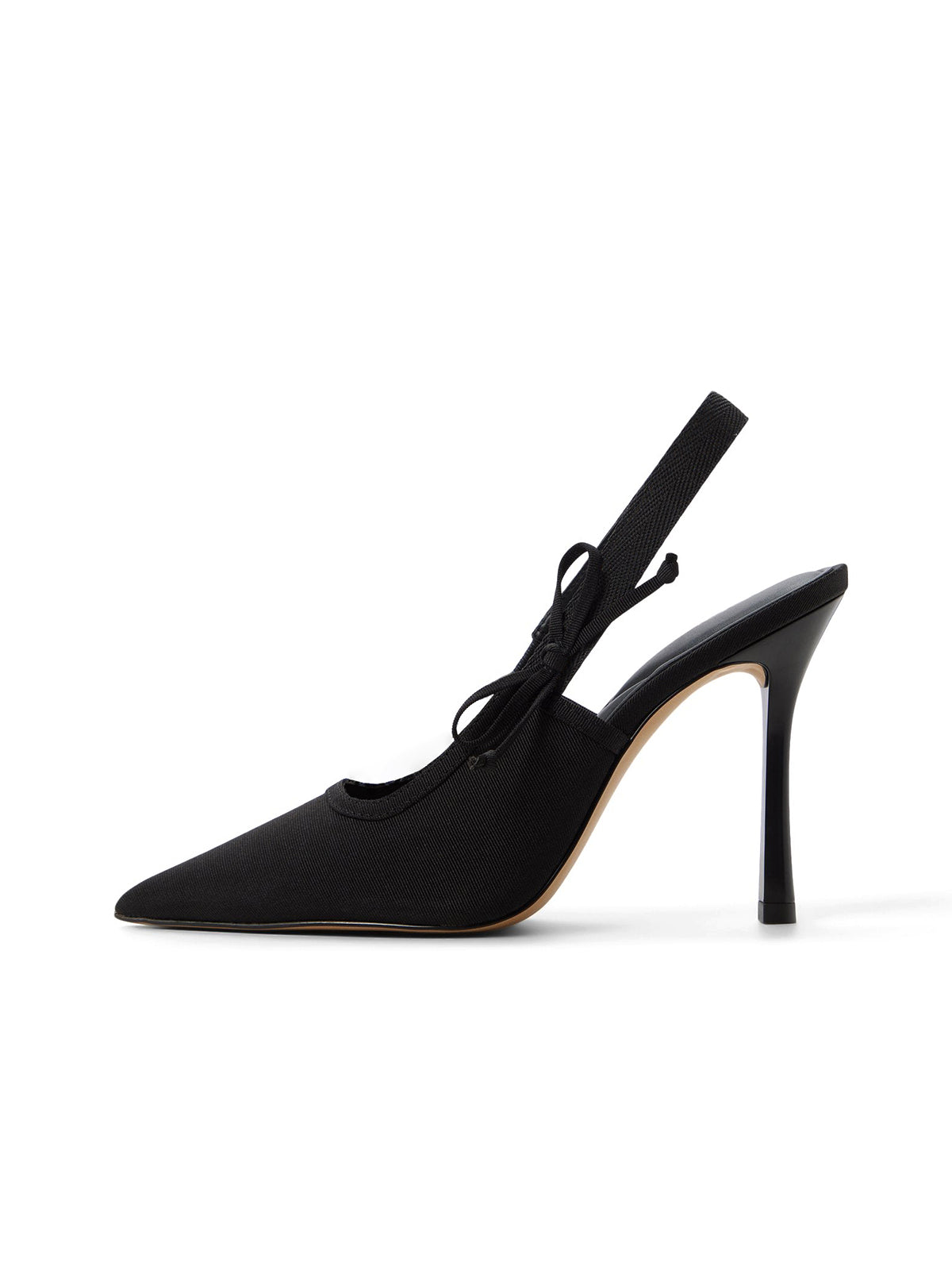 Black Satin Pointed-Toe Slingback With Bow High Heels