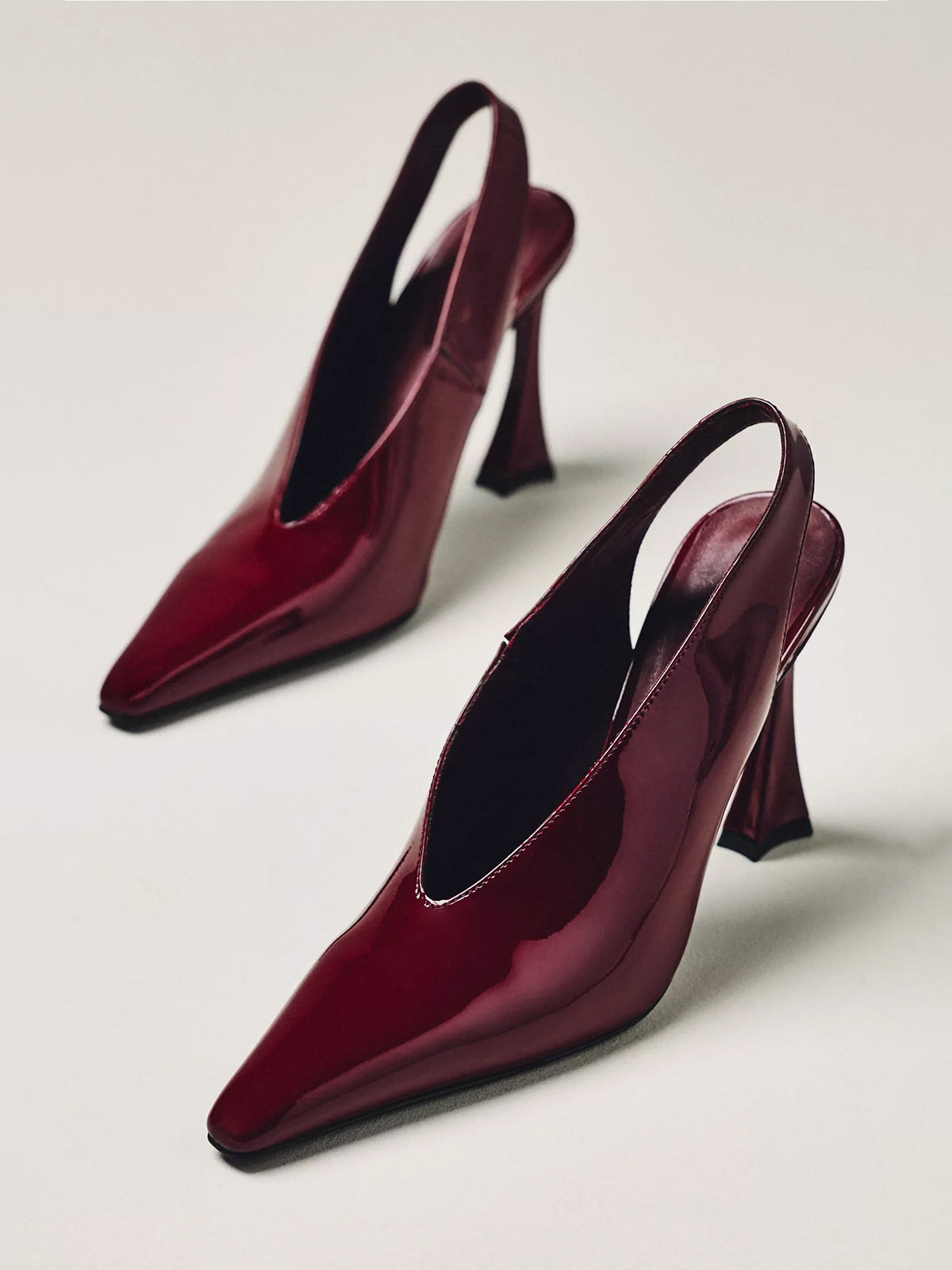 Patent Burgundy Pointed-Toe Thick Slingback High Heels