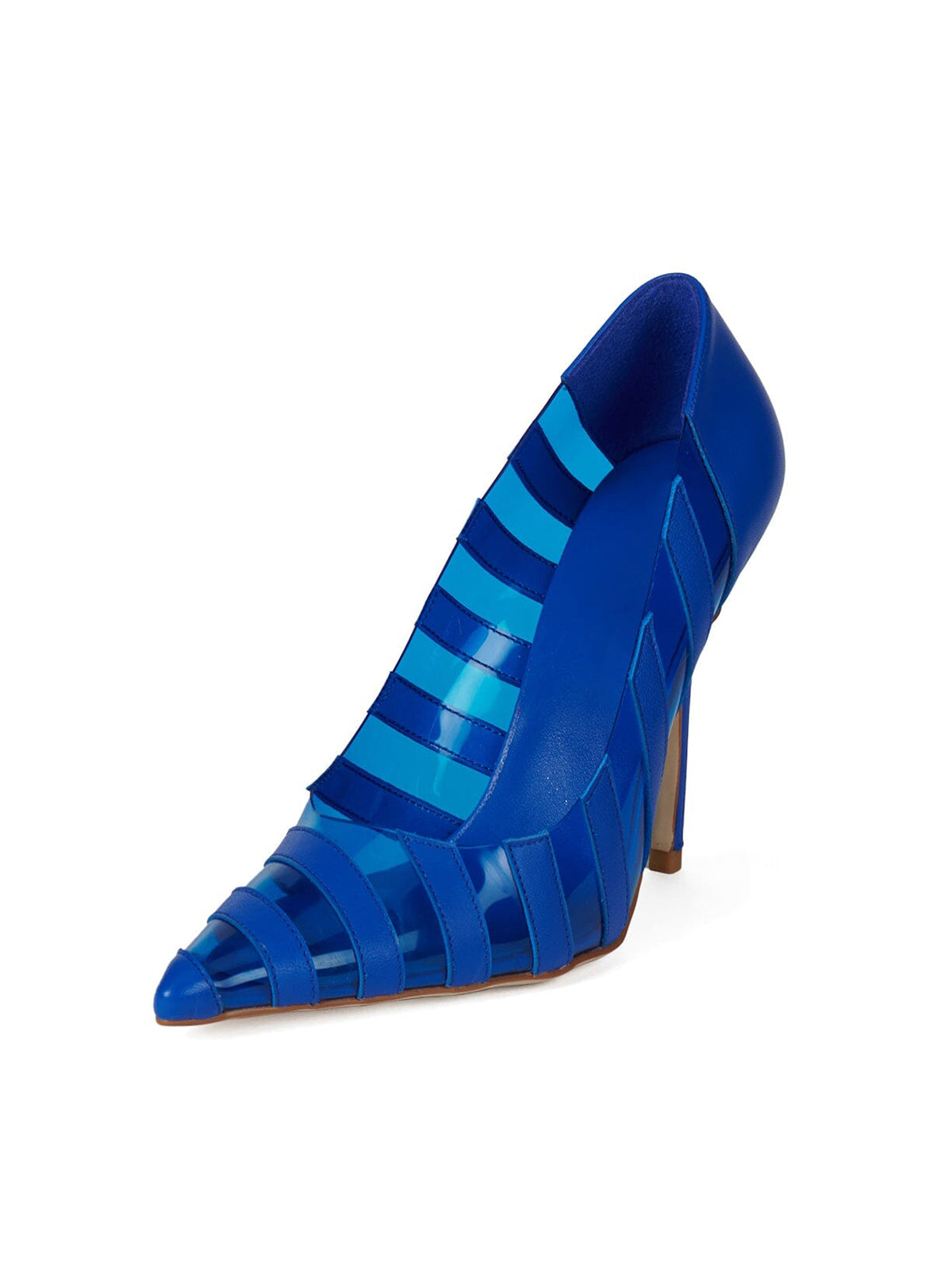 Blue Contrast Vegan Leather And PVC Film Pointed-Toe Slip-On High Heels