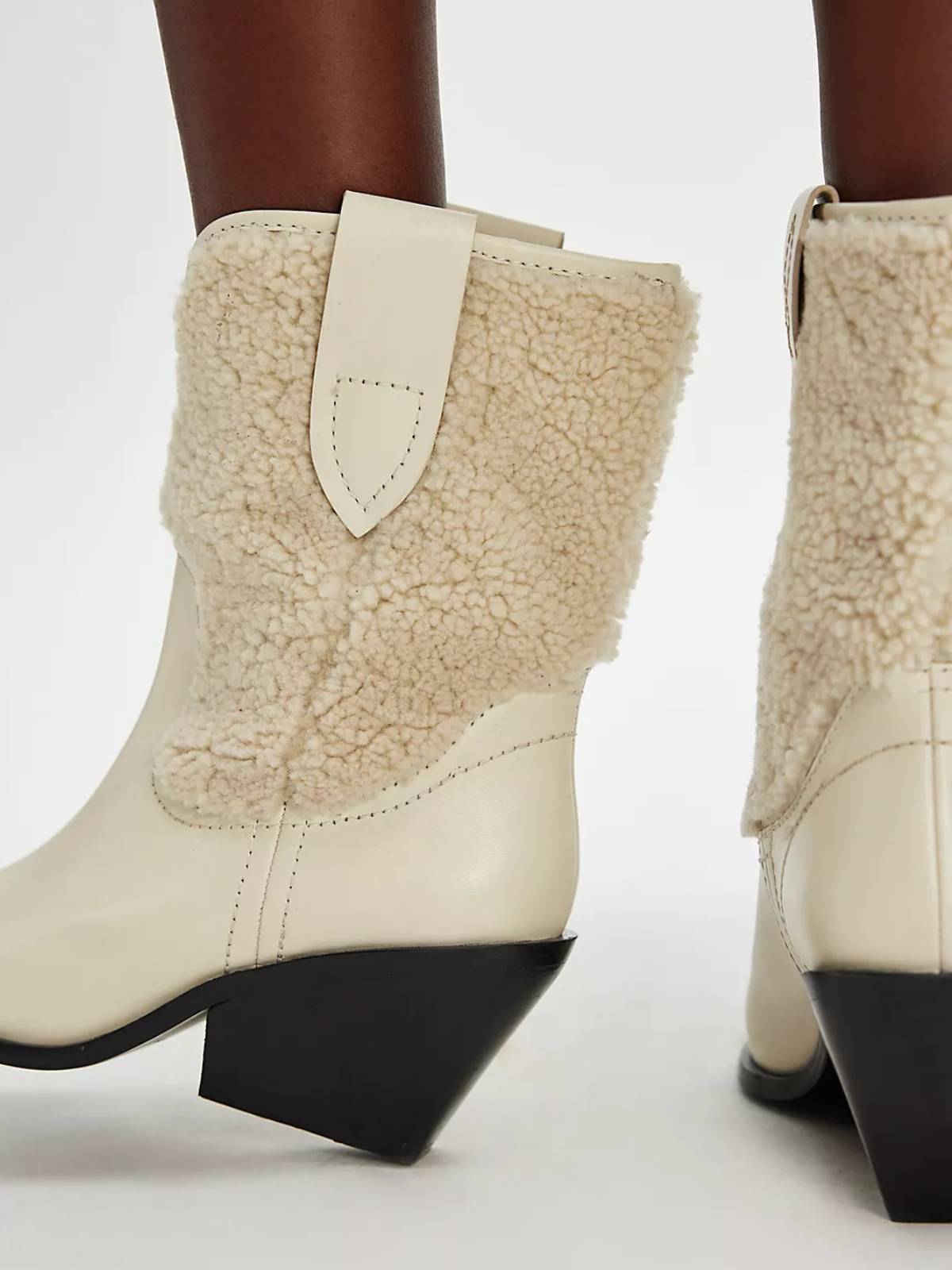 Bone Contrast Vegan Leather And Fluffy Wide Mid Calf Cowgirl Boots