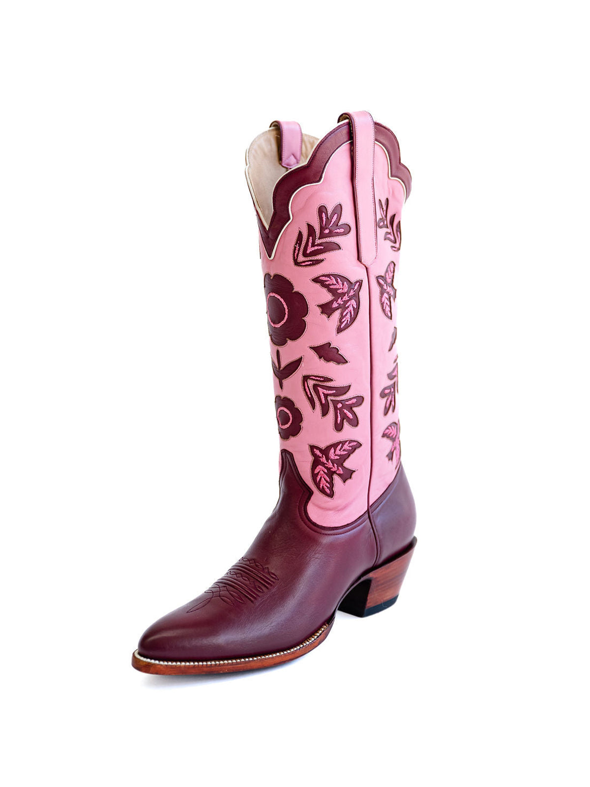 Pink And Maroon Round-Toe Birds Leaves Flowers Inlay Wide Calf Knee High Cowgirl Boots