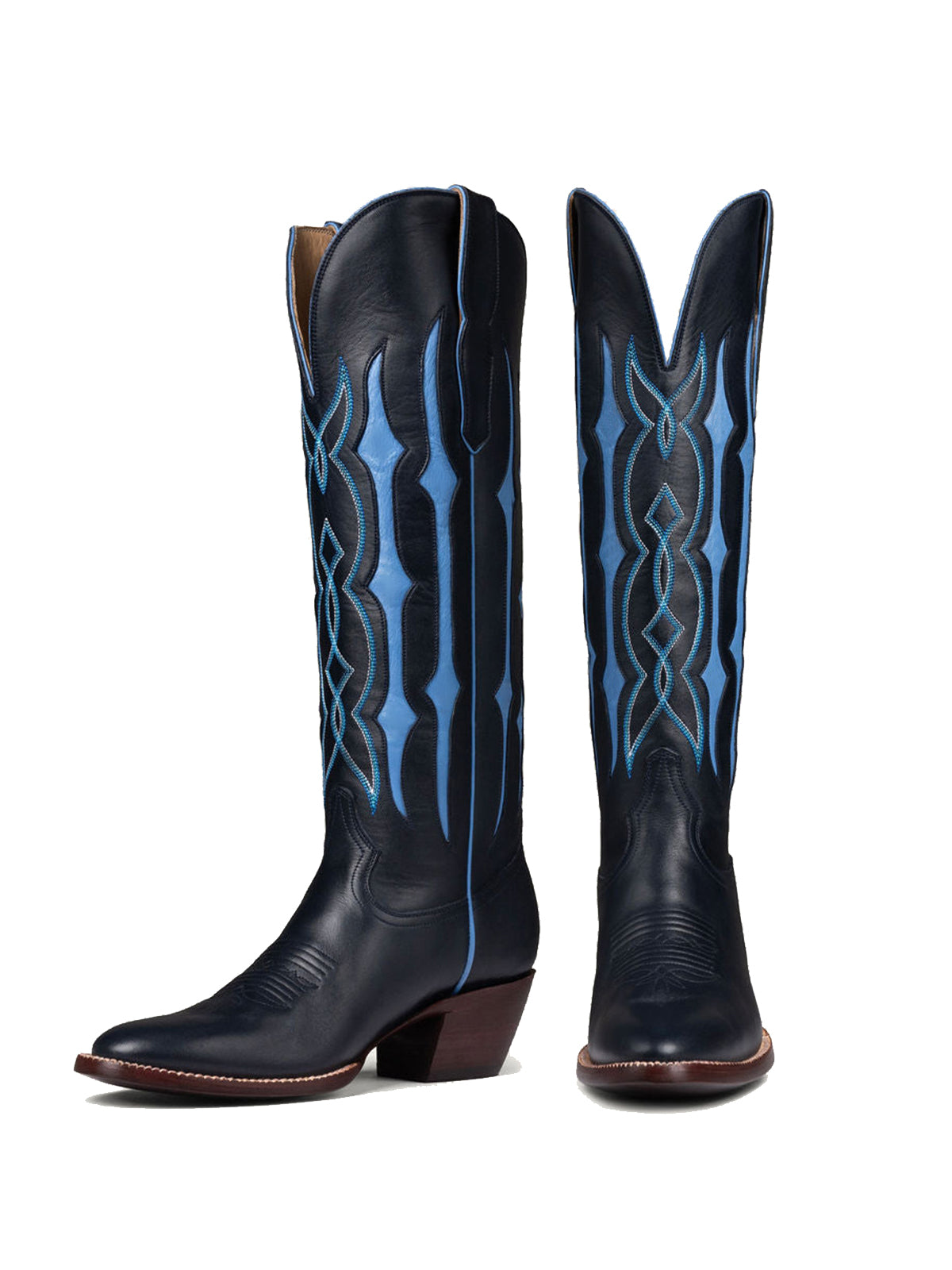Black Contrast Blue Inlay Stitch Almond-Toe Wide Knee High Western Cowgirl Boots