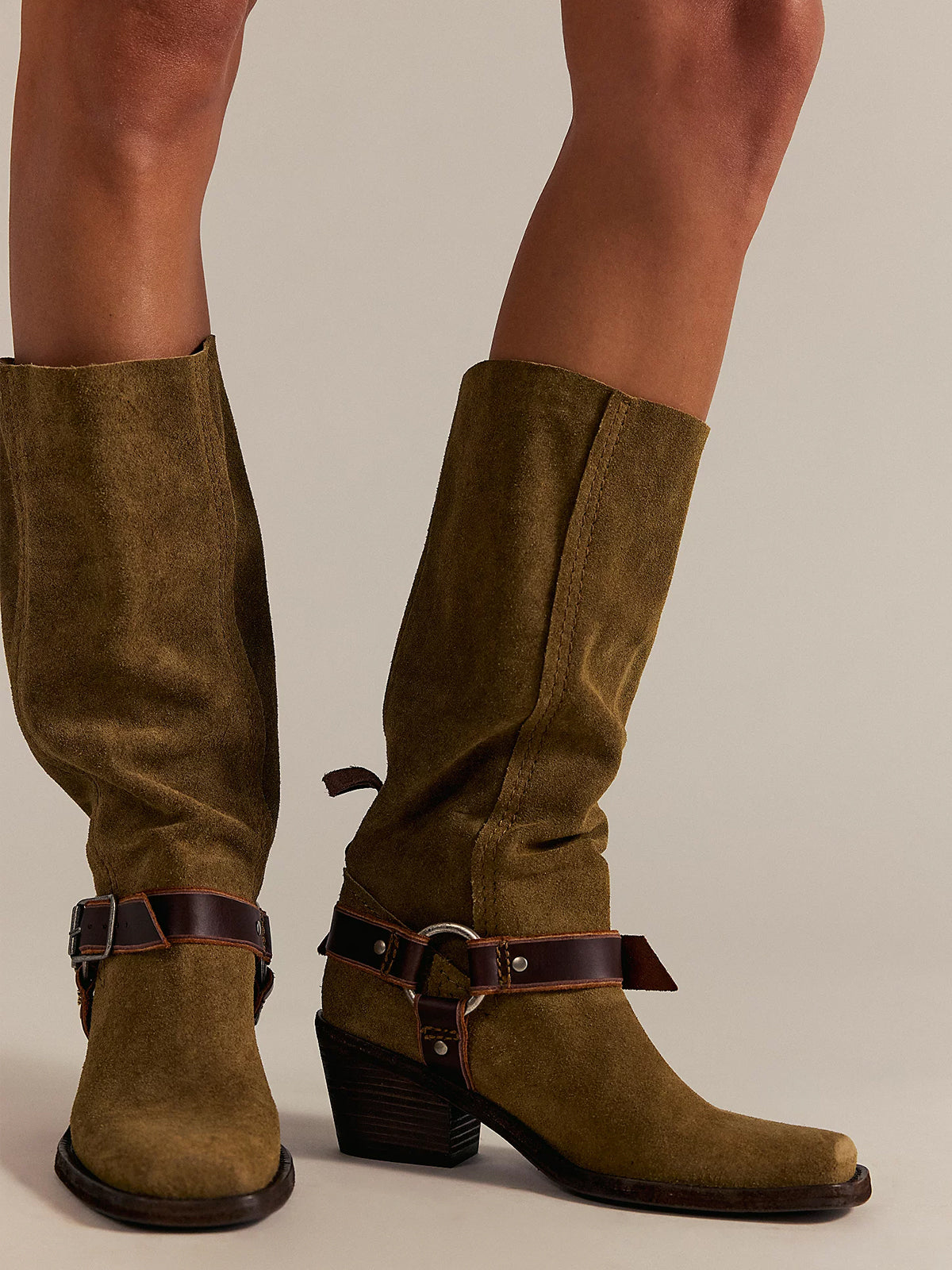 Tobacco Faux Suede Square-Toe Western Mid Calf Cowgirl Boots