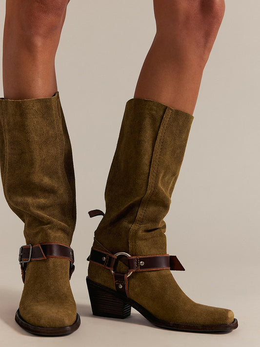 Tobacco Faux Suede Square-Toe Western Mid Calf Cowgirl Boots