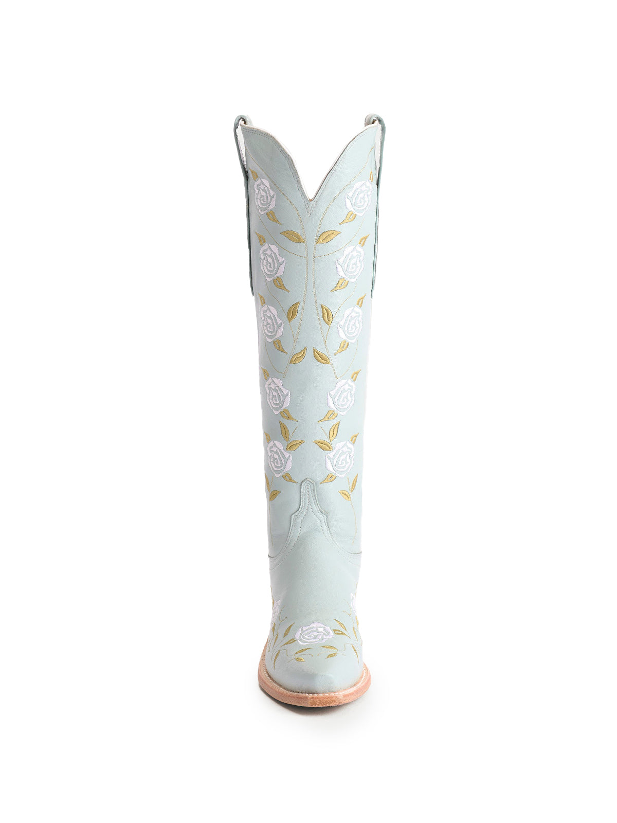 Powder Blue Snip-Toe Rose Embroidery Wide Calf Knee High Cowgirl Boots