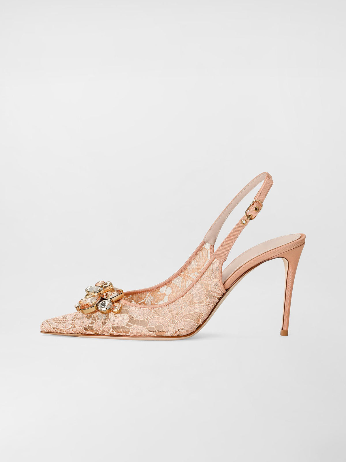Blush Pink Lace Mesh Pointed-Toe Front Crystals Slingback High Heels Pumps