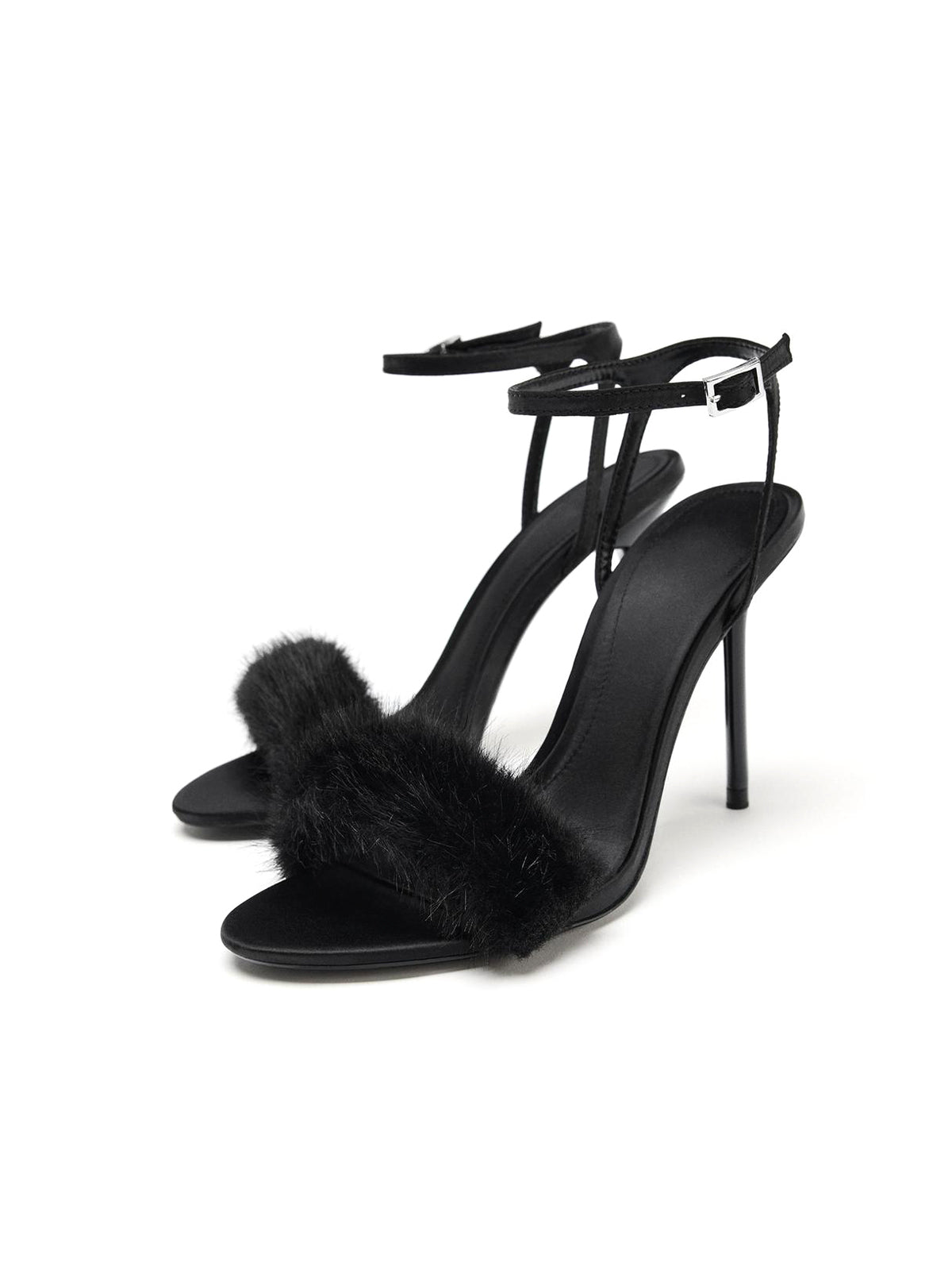 Black Satin Plush Round-Toe Ankle Buckle Strap High Heels