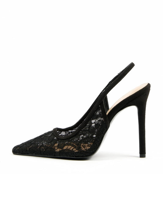 Black Lace Mesh Pointed-Toe Chic Back Strap Pumps High Heels
