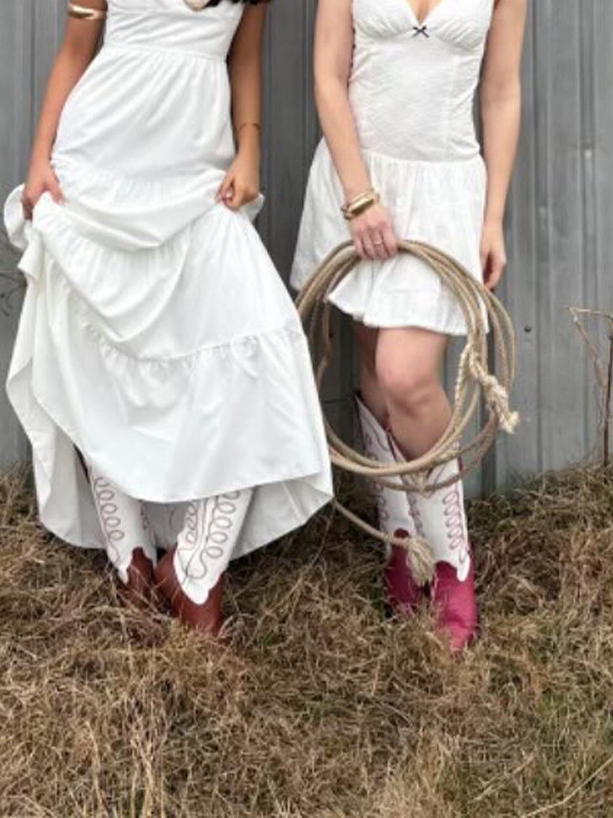 Contrast White And Berry Snip-Toe Simple Embroidery Classic Mid Calf Cowgirl Boots