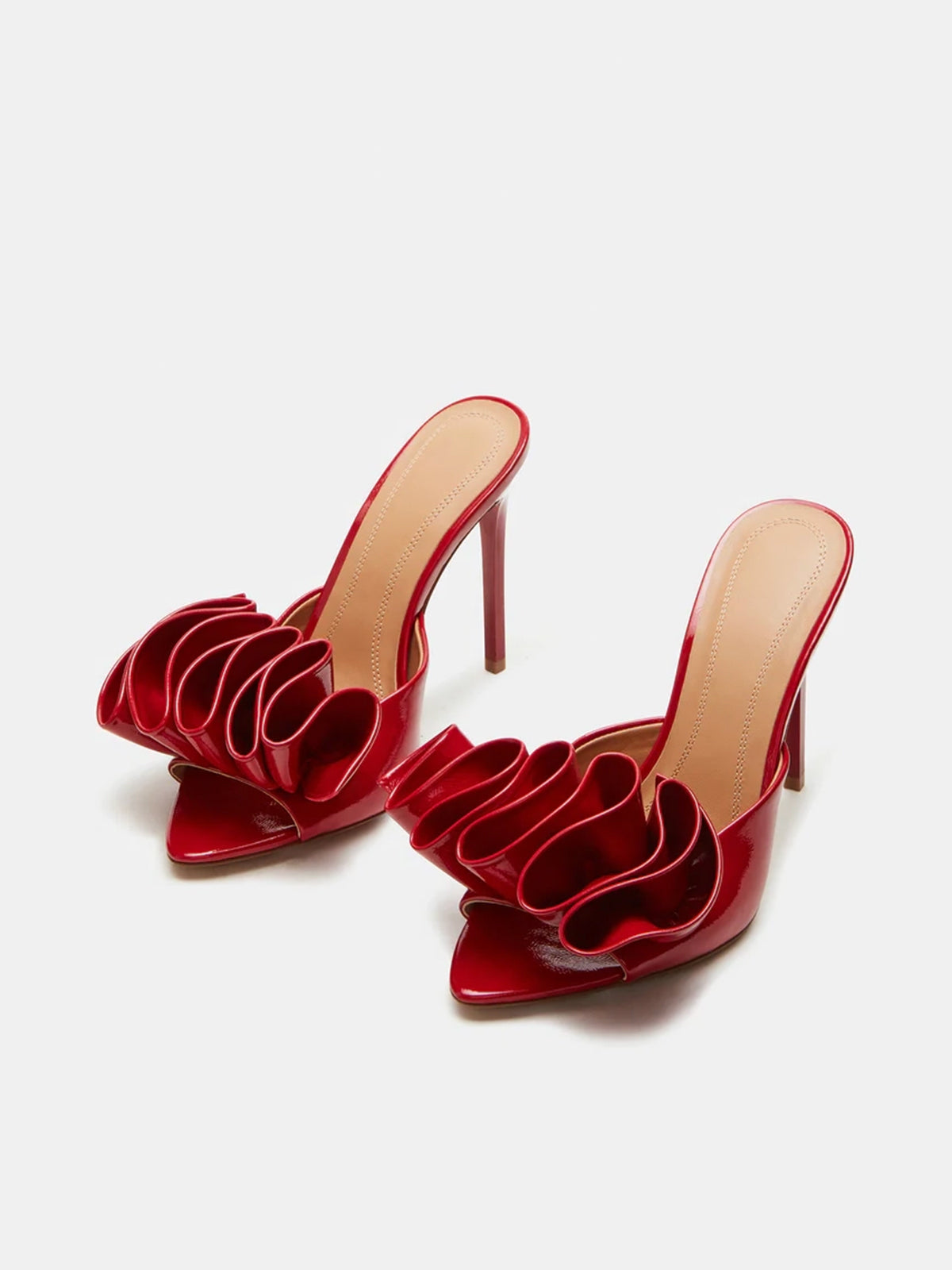 Pointed-Toe Slip-On Ruffle High Heels - Patent Red