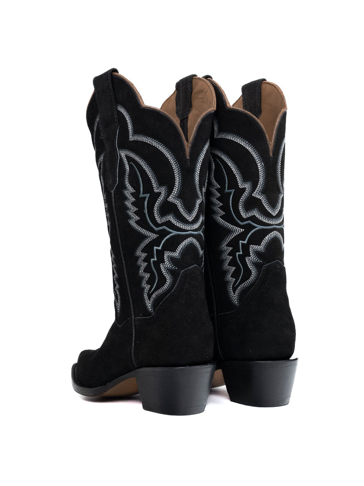 Western Snip-Toe Embroidery Mid Calf Cowgirl Boots - Black Faux Suede