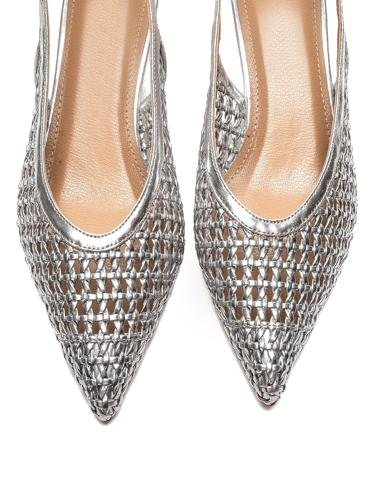 Metallic Silver Woven Vegan Leather Pointed-Toe Classic Back Strap Pumps Kitten Heels