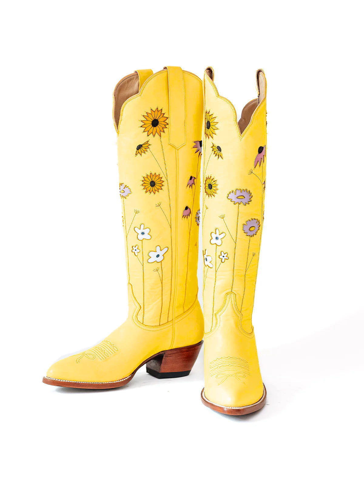 Yellow Almond-Toe Colorful Flowers Inlay Wide Calf Knee High Cowgirl Boots